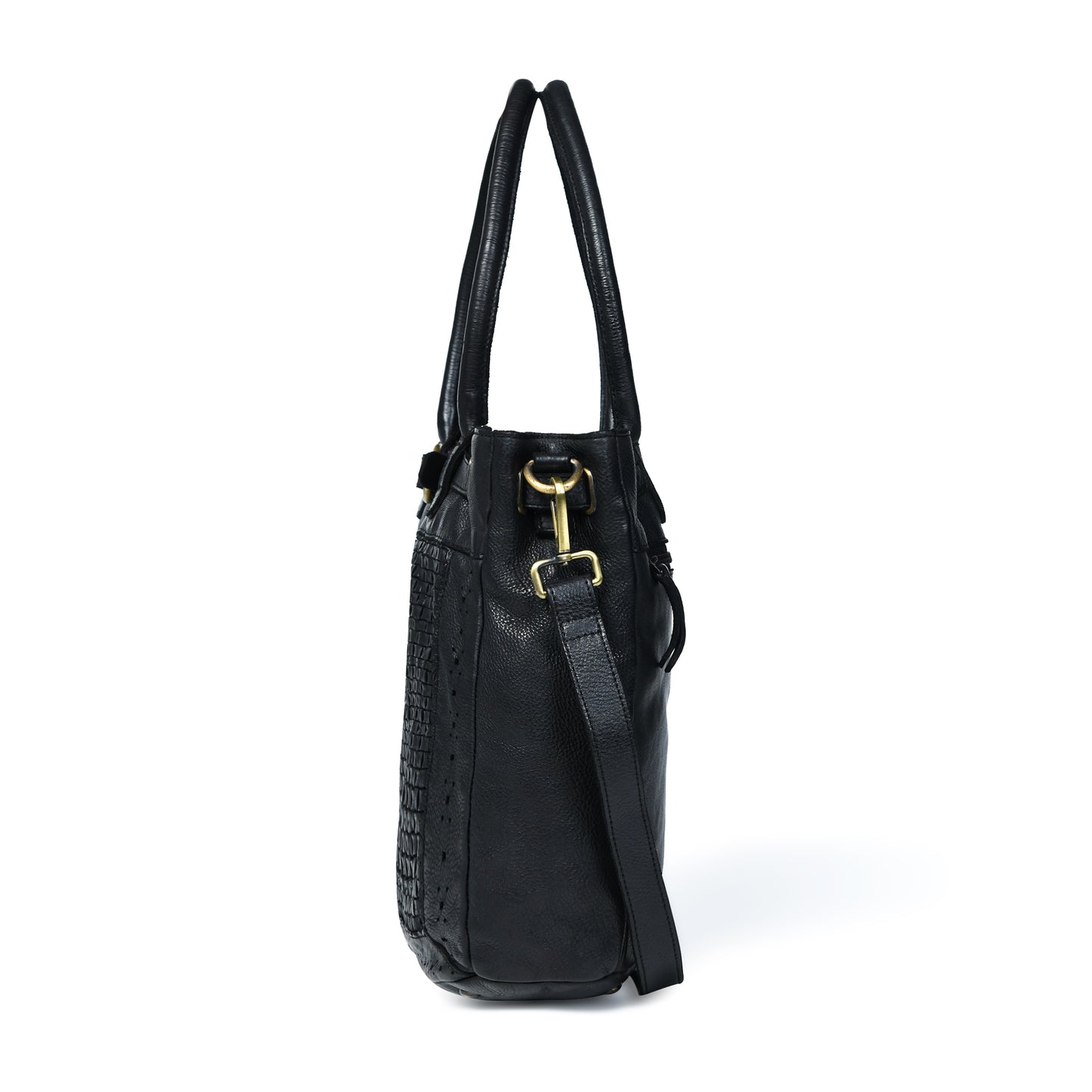 Woven Leather Tote Bag - Black