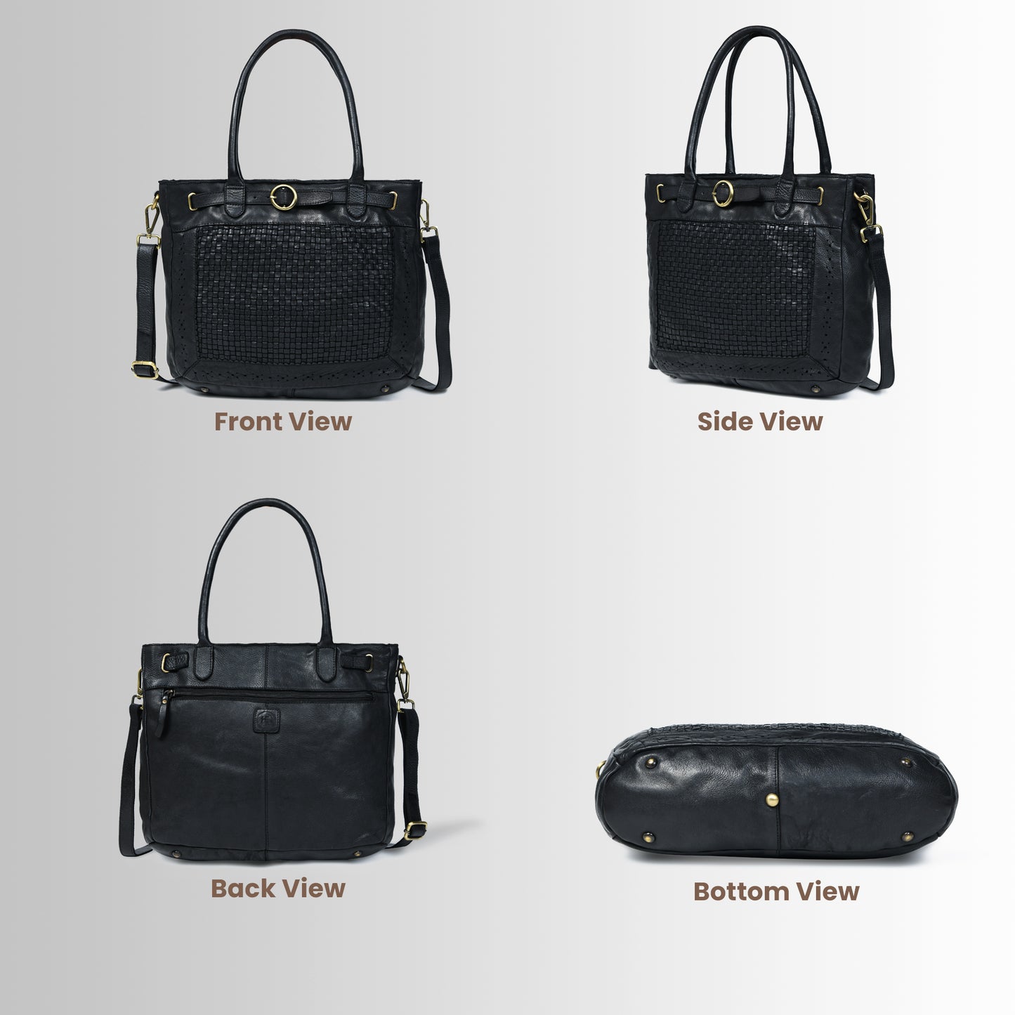 Woven Leather Tote Bag - Black