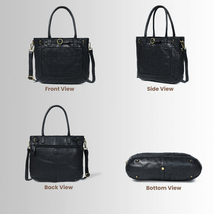Woven Leather Tote Bag - Black
