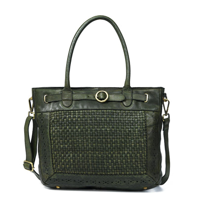 Woven Leather Tote Bag - Olive Green