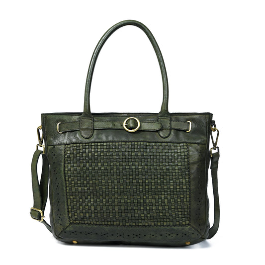 Woven Leather Tote Bag - Olive Green