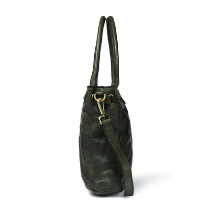 Woven Leather Tote Bag - Olive Green