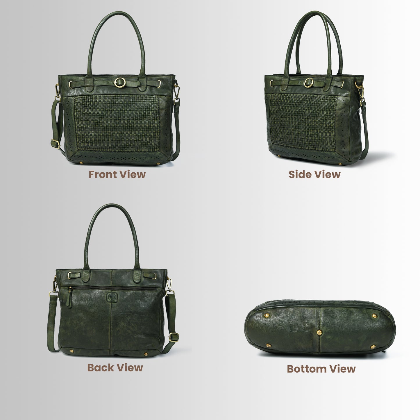Woven Leather Tote Bag - Olive Green