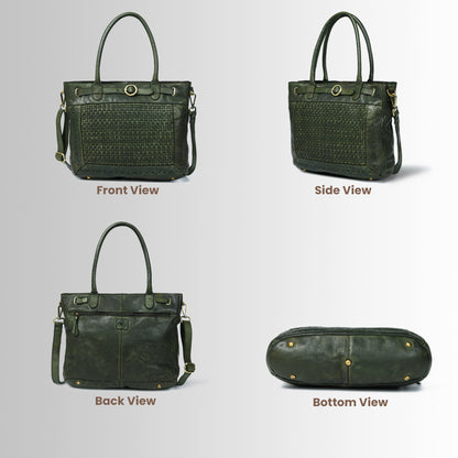Woven Leather Tote Bag - Olive Green