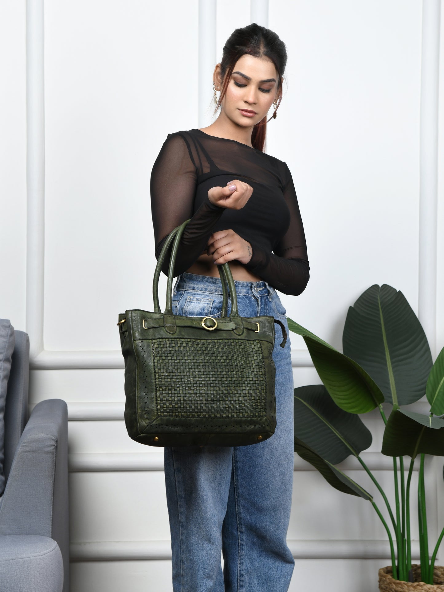 Woven Leather Tote Bag - Olive Green