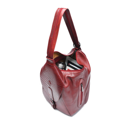 2 in 1 Leather Women Backpack and Shoulder Bag - Maroon Red