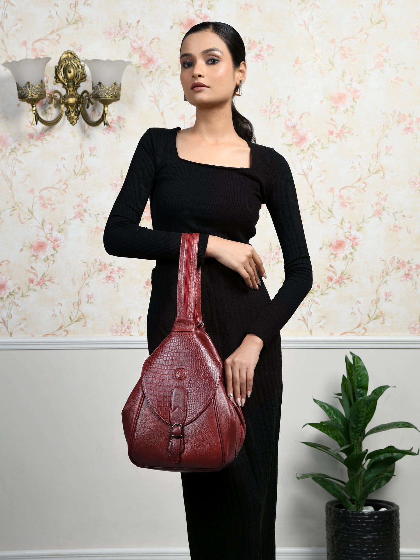 2 in 1 Leather Women Backpack and Shoulder Bag - Maroon Red