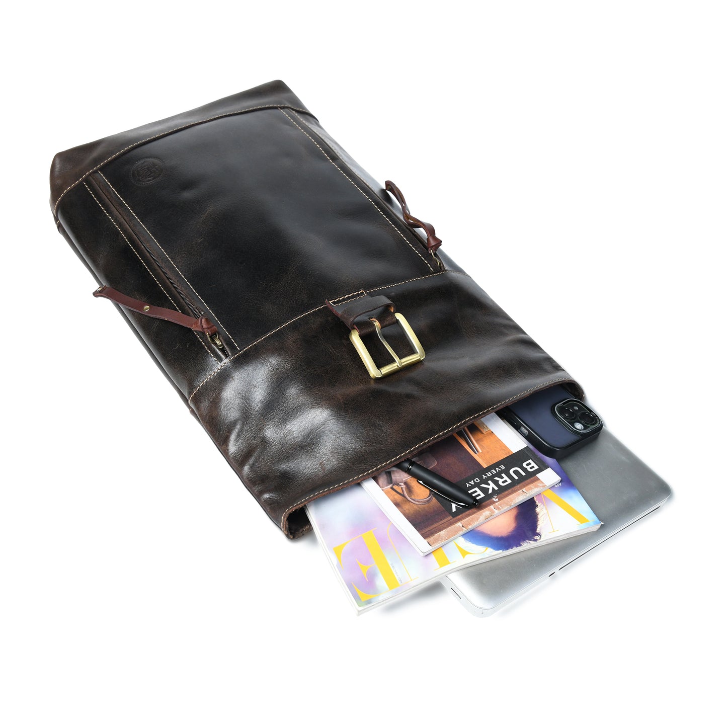 Nomad Roll Top Leather Backpack - Dark Brown