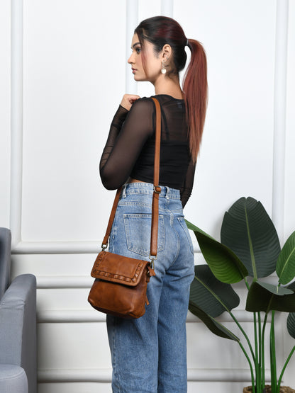 Ruffled Edge Leather Bag - Tan Brown
