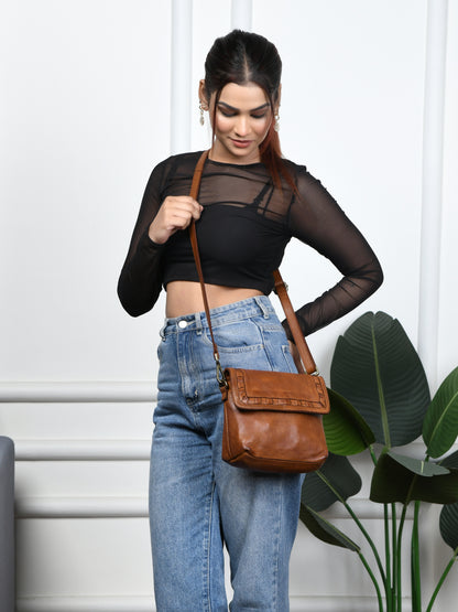 Ruffled Edge Leather Bag - Tan Brown