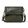 Olive Green Leather Bag - front view with ruffled flap, handcrafted buffalo leather | Hema Emporium