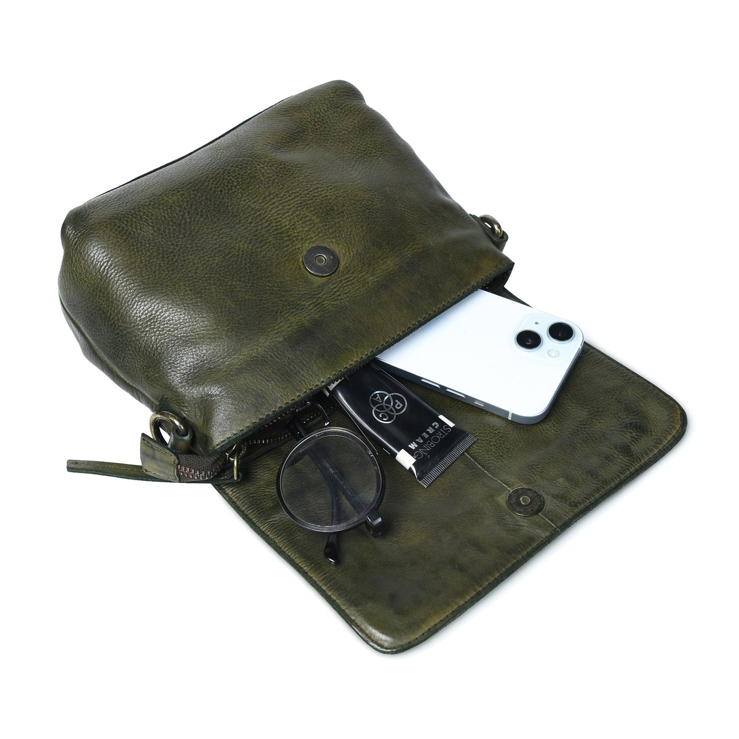 Ruffled Edge Leather Bag - Olive Green