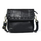 Black leather bag - front view with ruffled flap, handcrafted buffalo leather | Hema Emporium