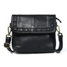 Black leather bag - front view with ruffled flap, handcrafted buffalo leather | Hema Emporium