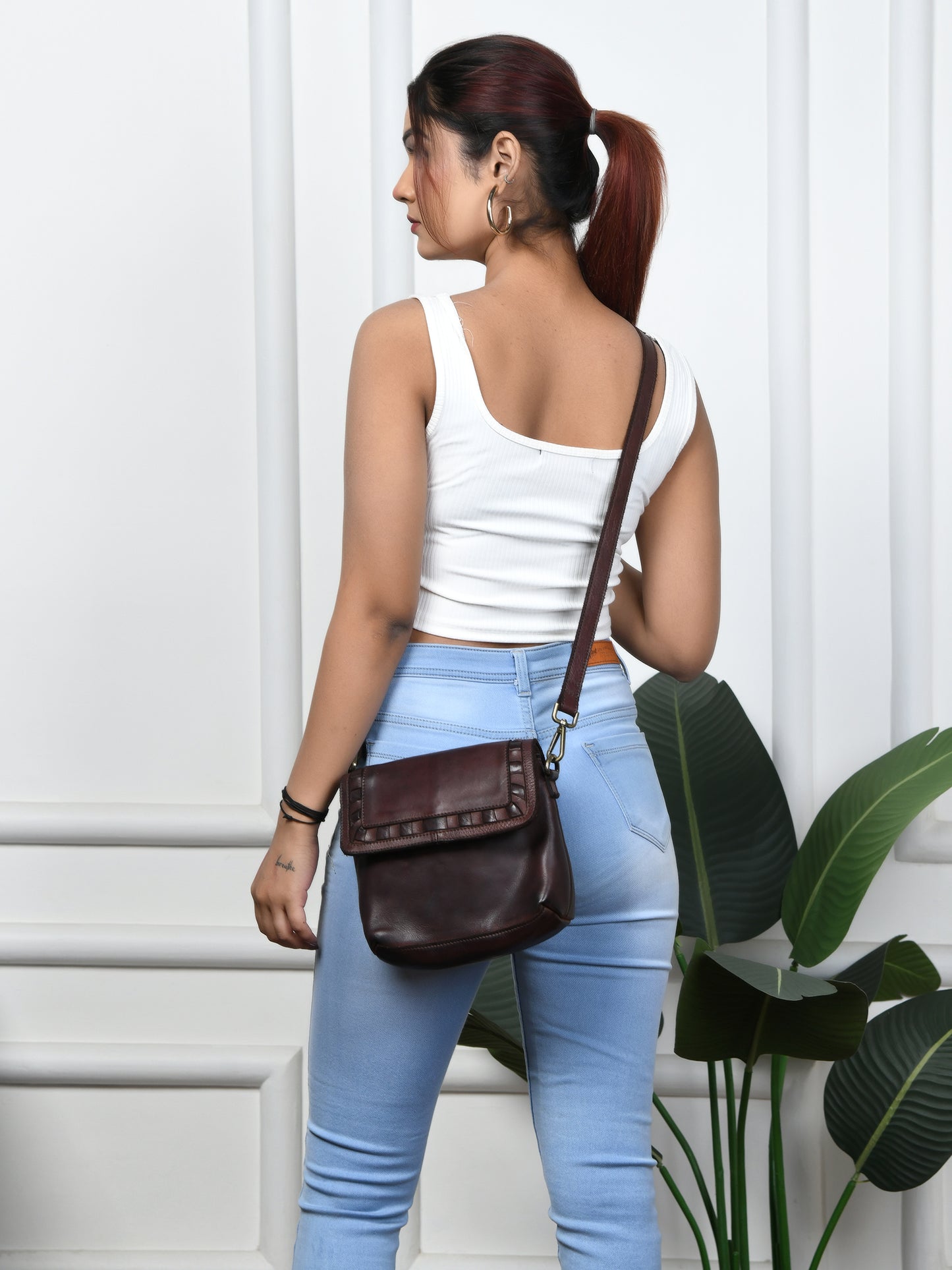 Ruffled Edge Leather Bag - Dark Brown