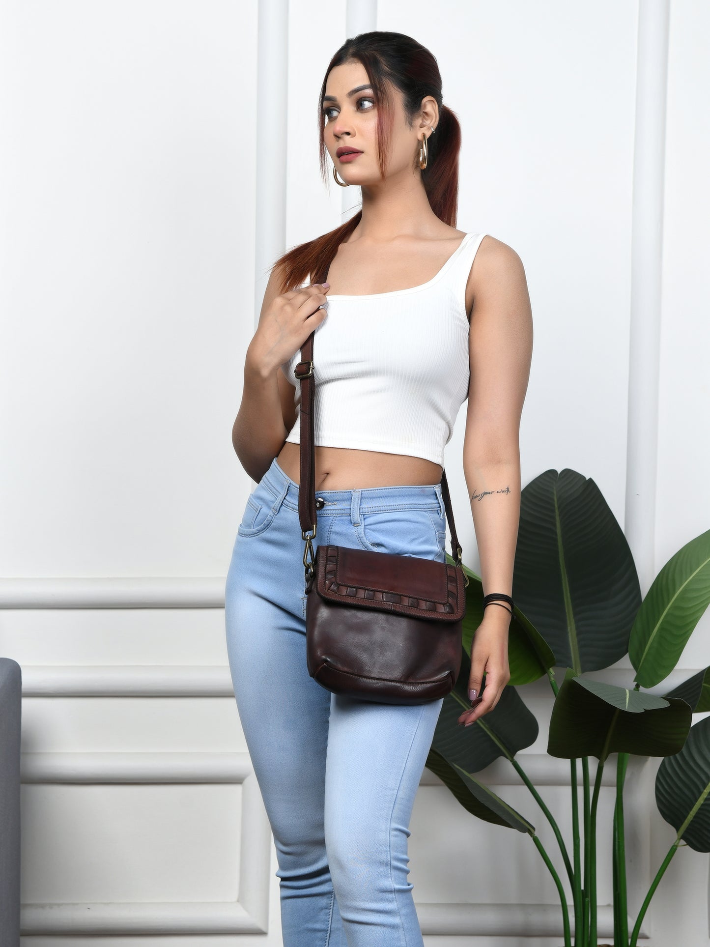Ruffled Edge Leather Bag - Dark Brown