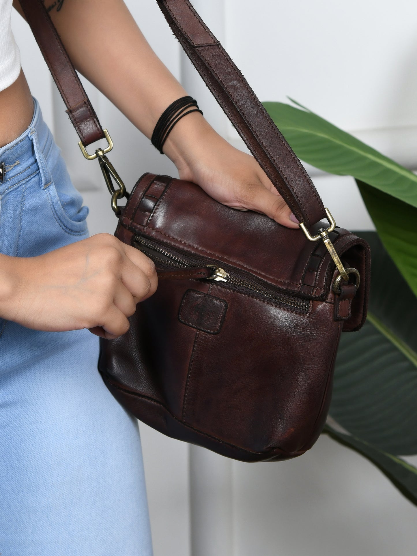 Ruffled Edge Leather Bag - Dark Brown