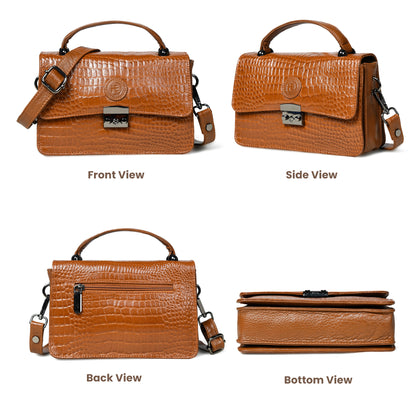 Classic Croco Leather Mini Satchel - Brown