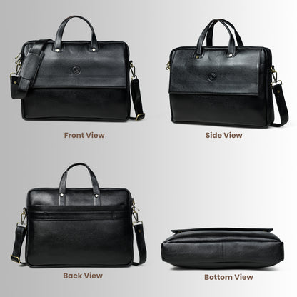 Flap Pocket Leather Office Bag - Black