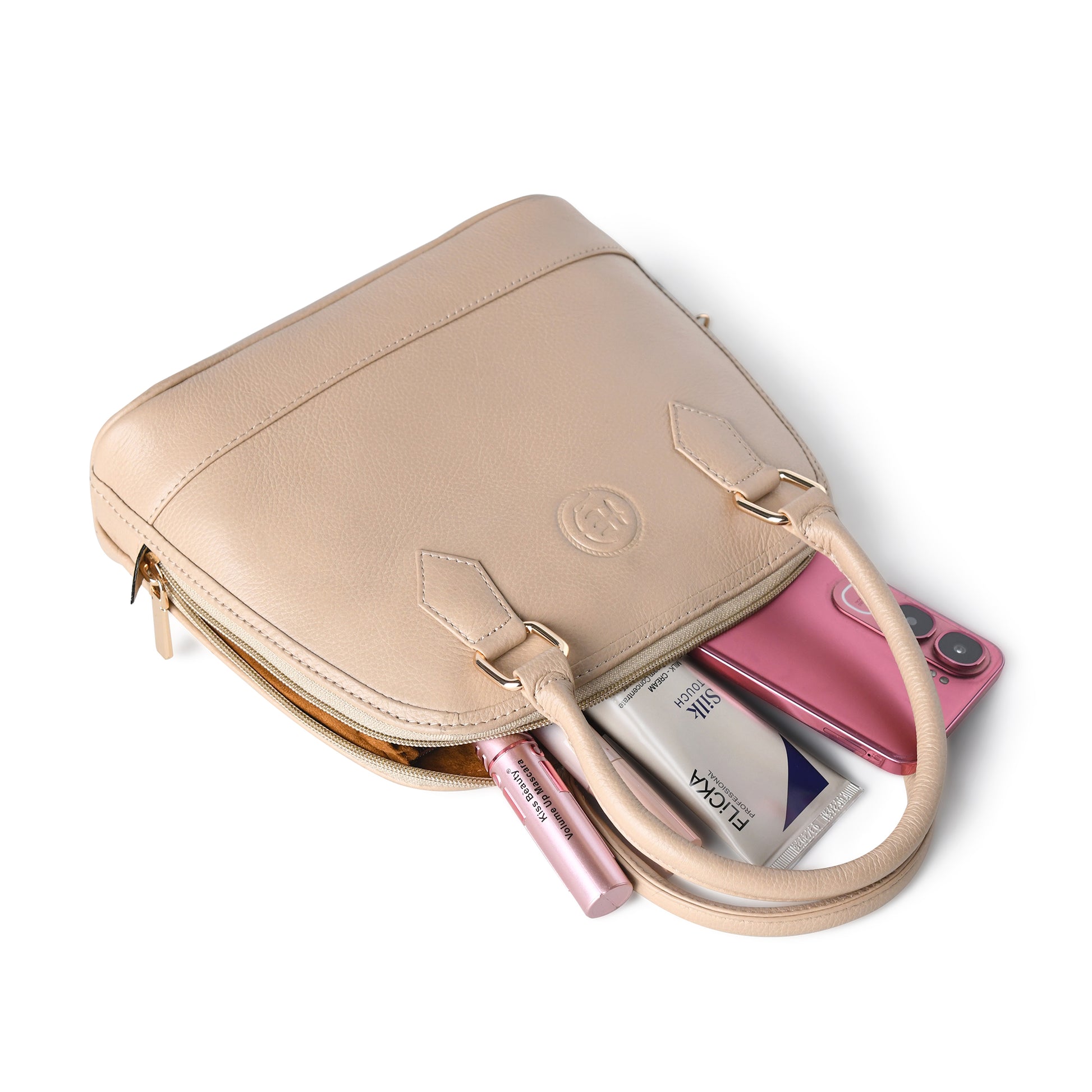 Beige Leather Bag - interior view with personal items, handcrafted buffalo leather | Hema Emporium