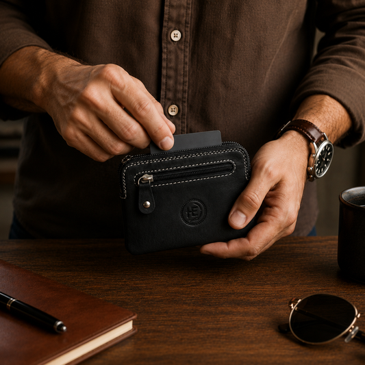 Black leather wallet lifestyle image
