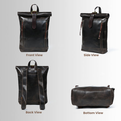 Nomad Roll Top Leather Backpack - Dark Brown