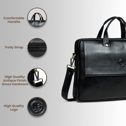 Flap Pocket Leather Office Bag - Black