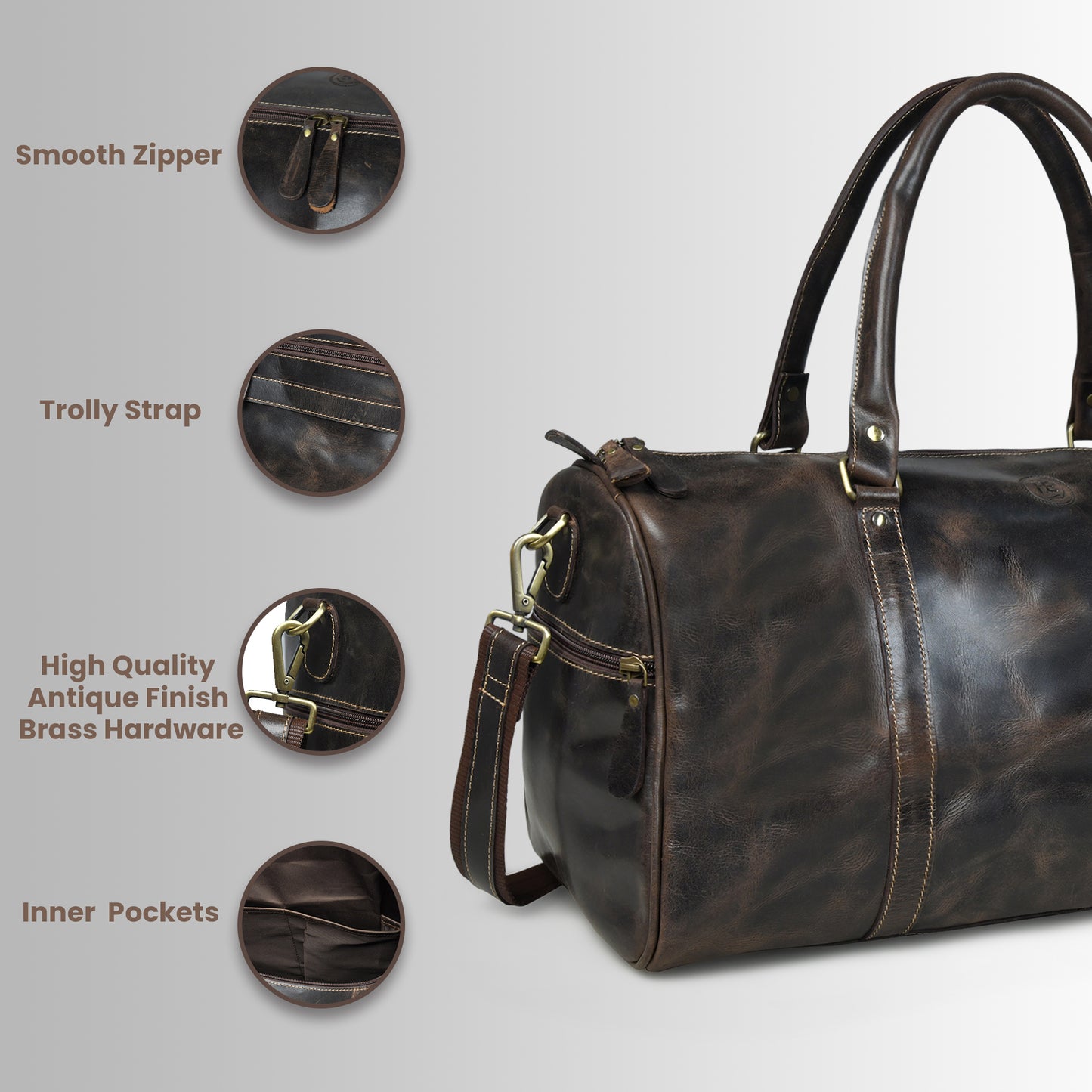 Vintage Leather Duffle Bag -  Dark Brown