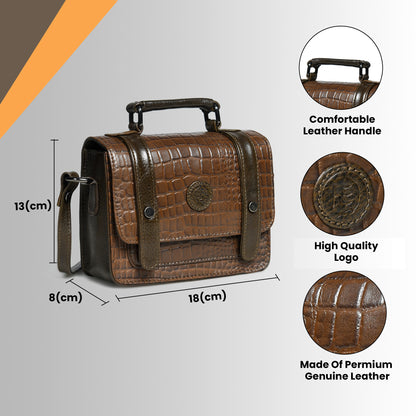 Petite Vintage Croco Leather Handbag - Tan Brown