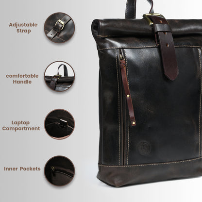 Nomad Roll Top Leather Backpack - Dark Brown