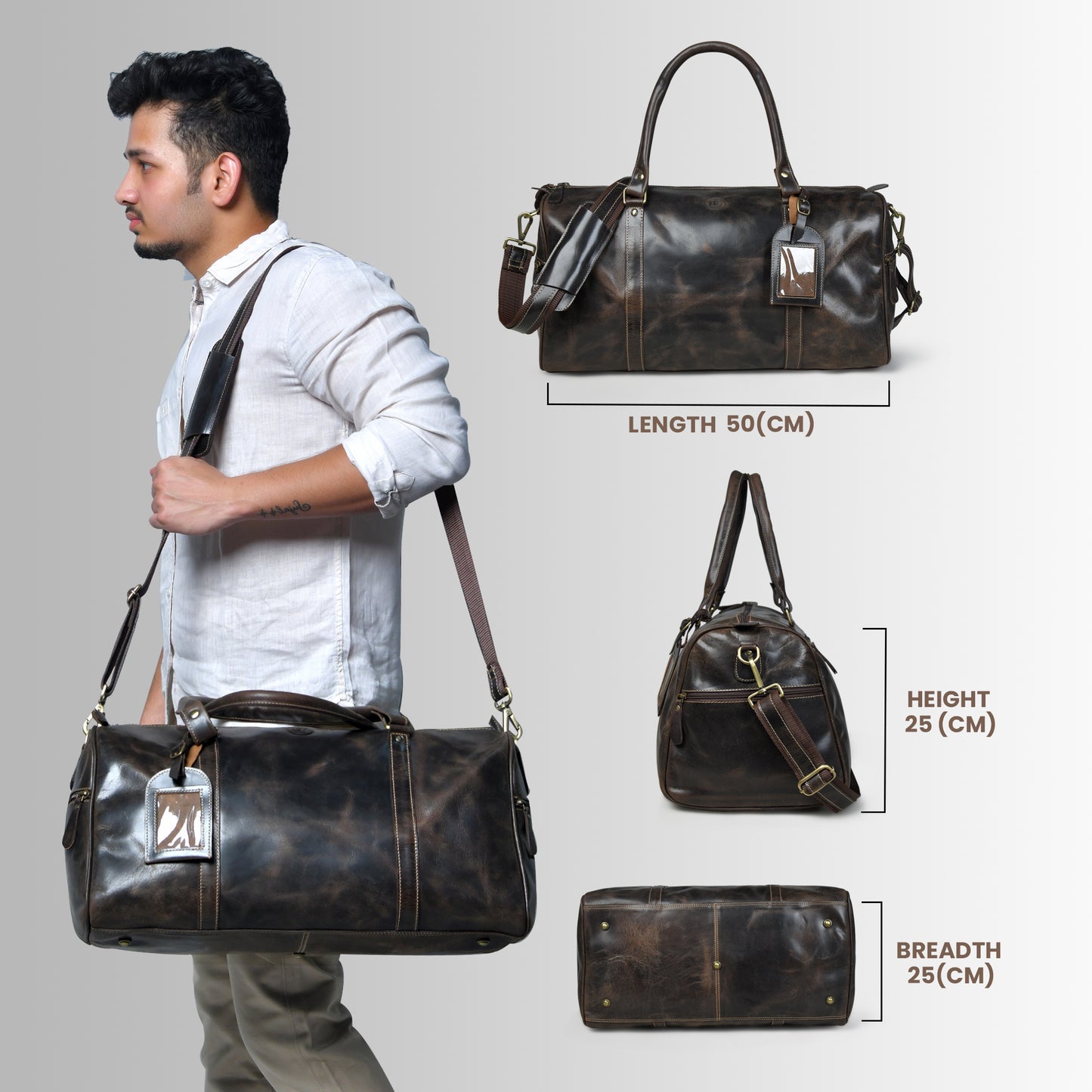 Vintage Leather Duffle Bag -  Dark Brown