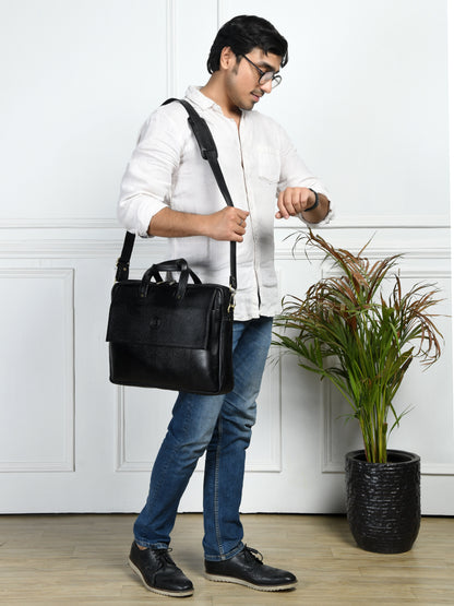 Flap Pocket Leather Office Bag - Black