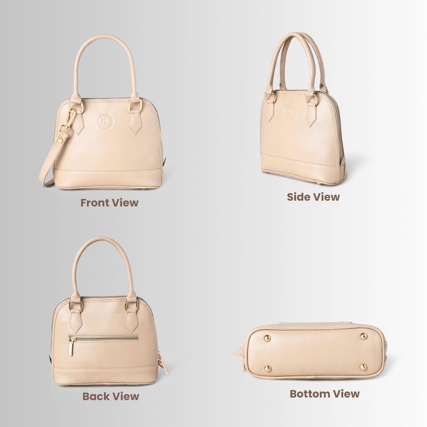 Beige Leather Bag - front, side, back, and bottom views, handcrafted buffalo leather | Hema Emporium