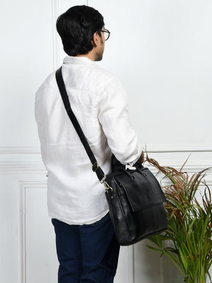 Flap Pocket Leather Office Bag - Black