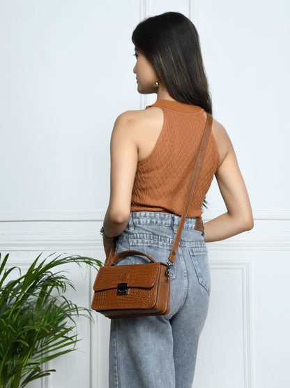 Classic Croco Leather Mini Satchel - Brown