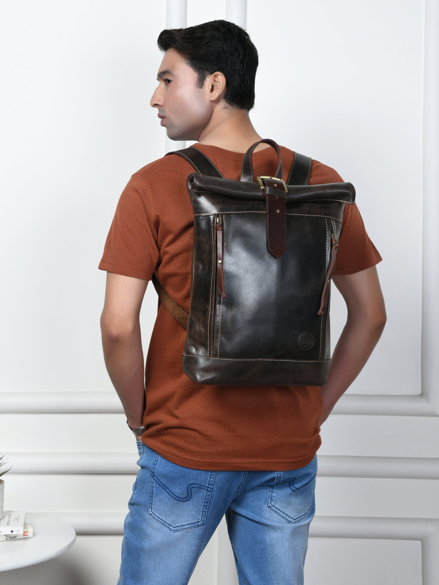Nomad Roll Top Leather Backpack - Dark Brown