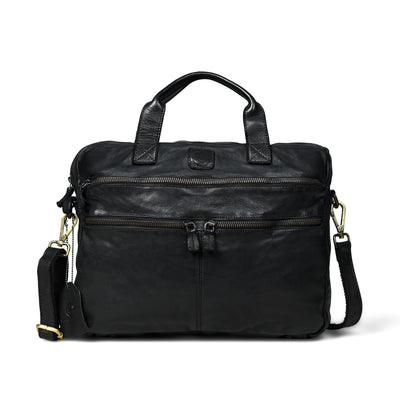 Black Leather Laptop Bag - front view, handcrafted buffalo leather | Hema Emporium