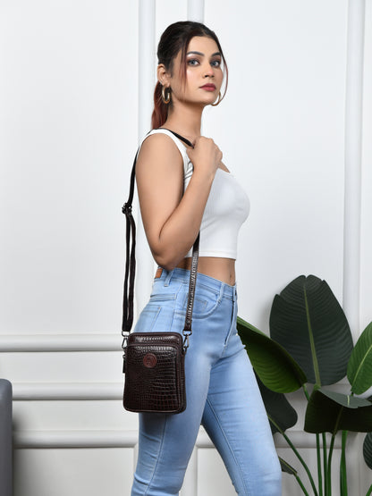 Croc Emposed Sling Bag - Tan Brown