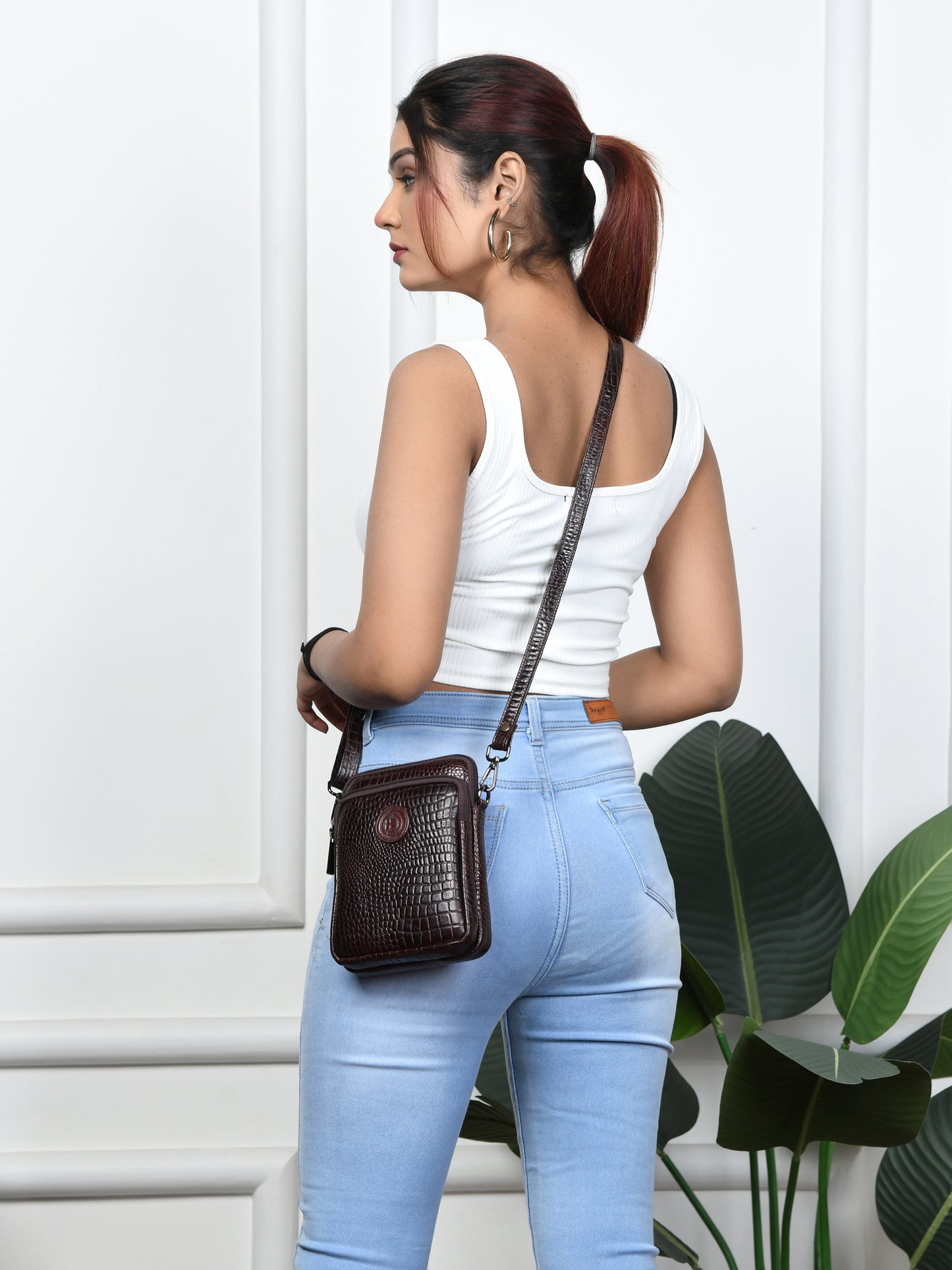 Croc Emposed Sling Bag - Tan Brown