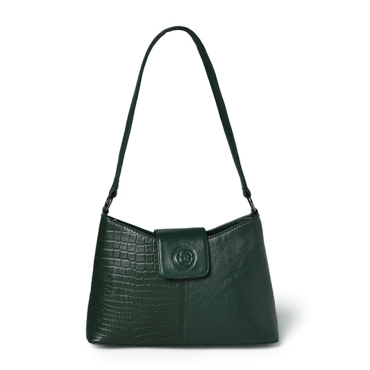 Forest Green Leather Shoulder Bag - front view with croc texture, handcrafted buffalo leather | Hema Emporium