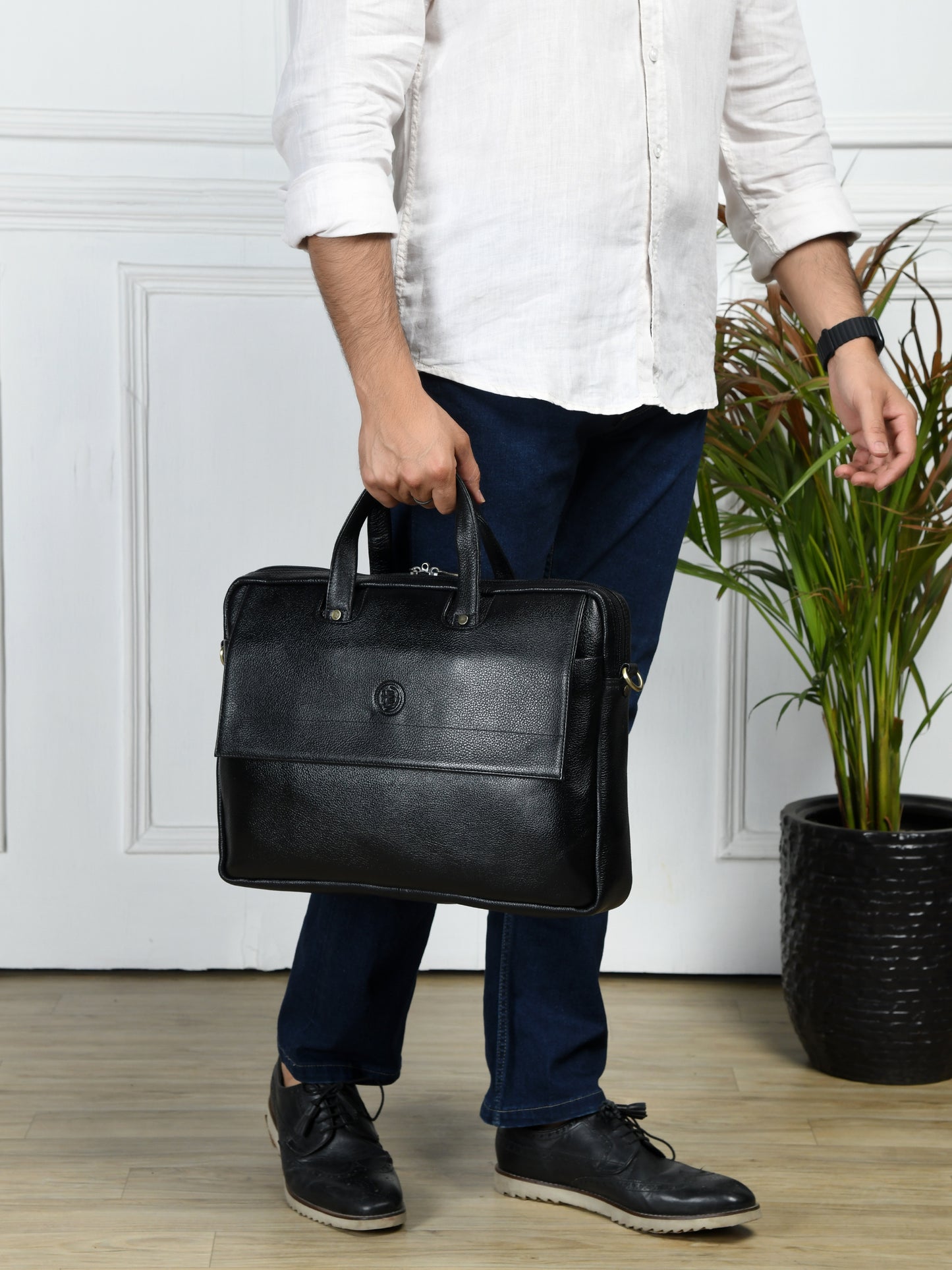 Flap Pocket Leather Office Bag - Black