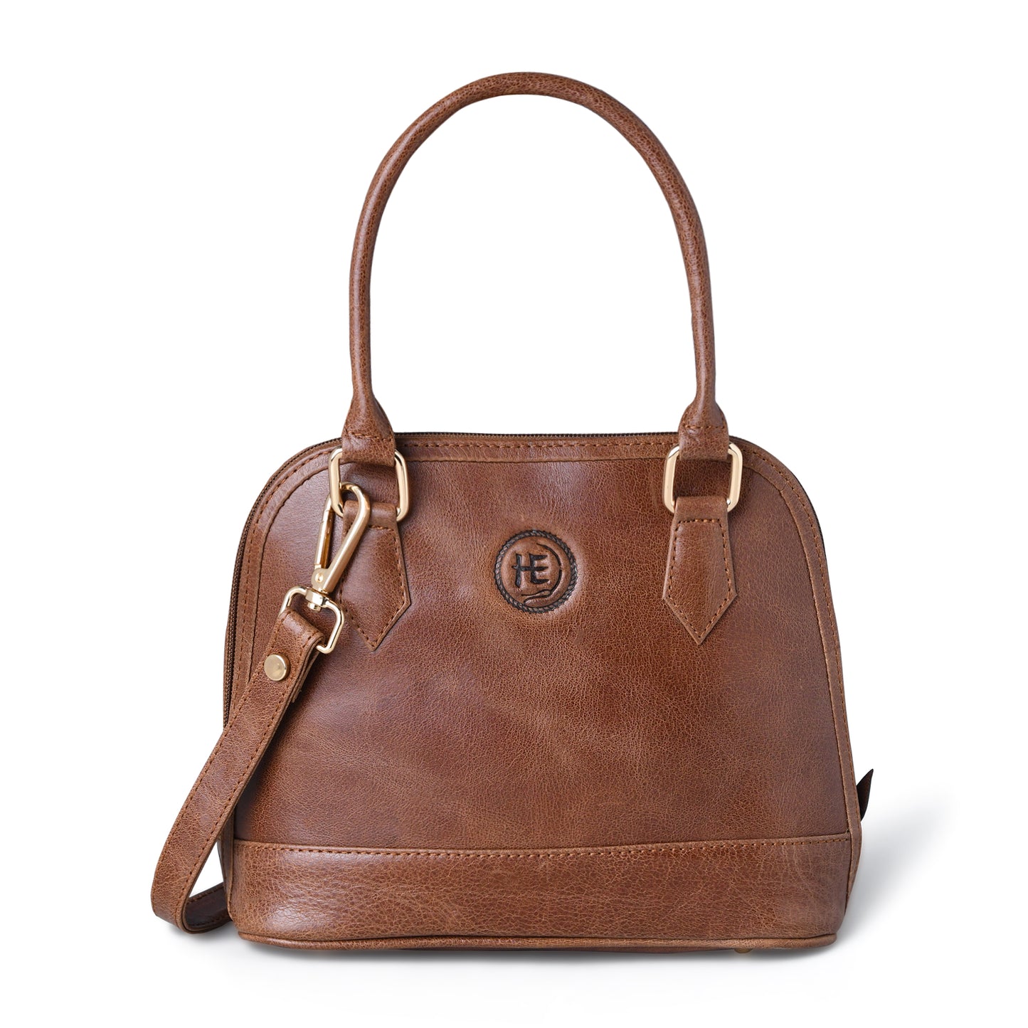 Tan Brown leather bag - front view with top handle and logo, handcrafted buffalo leather | Hema Emporium