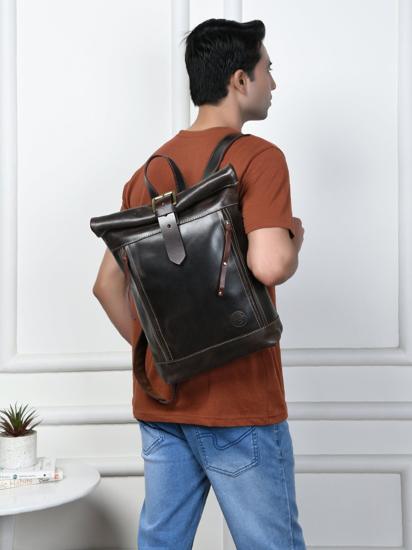 Nomad Roll Top Leather Backpack - Dark Brown