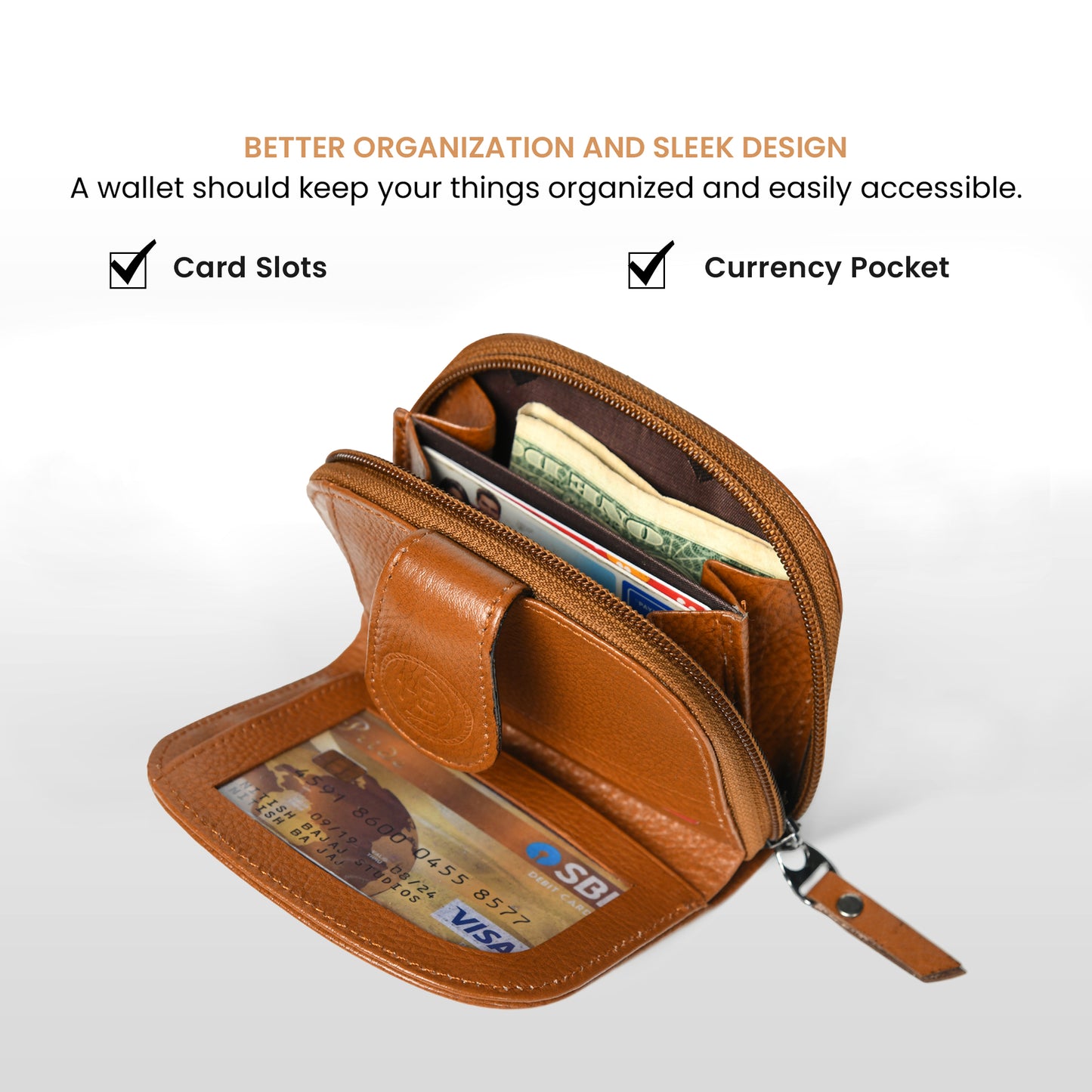 Leather Zip Card Wallet - Brown
