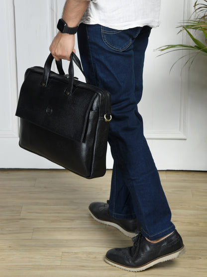 Flap Pocket Leather Office Bag - Black
