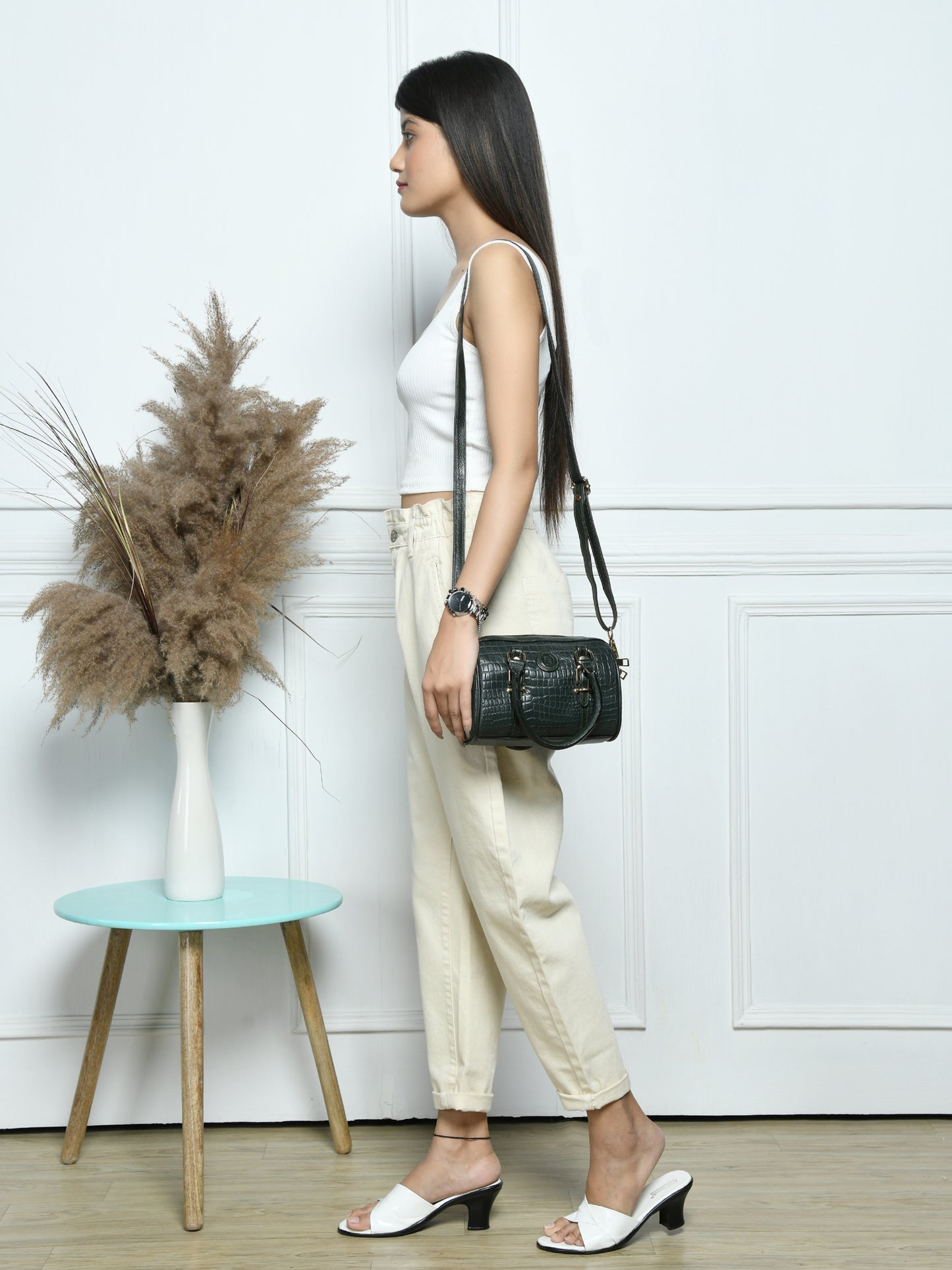 Textured Barrel Satchel - Forest Green