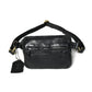 Black Leather Crossbody Bag - front view with strap, handcrafted buffalo leather | Hema Emporium