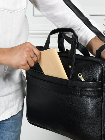 Flap Pocket Leather Office Bag - Black