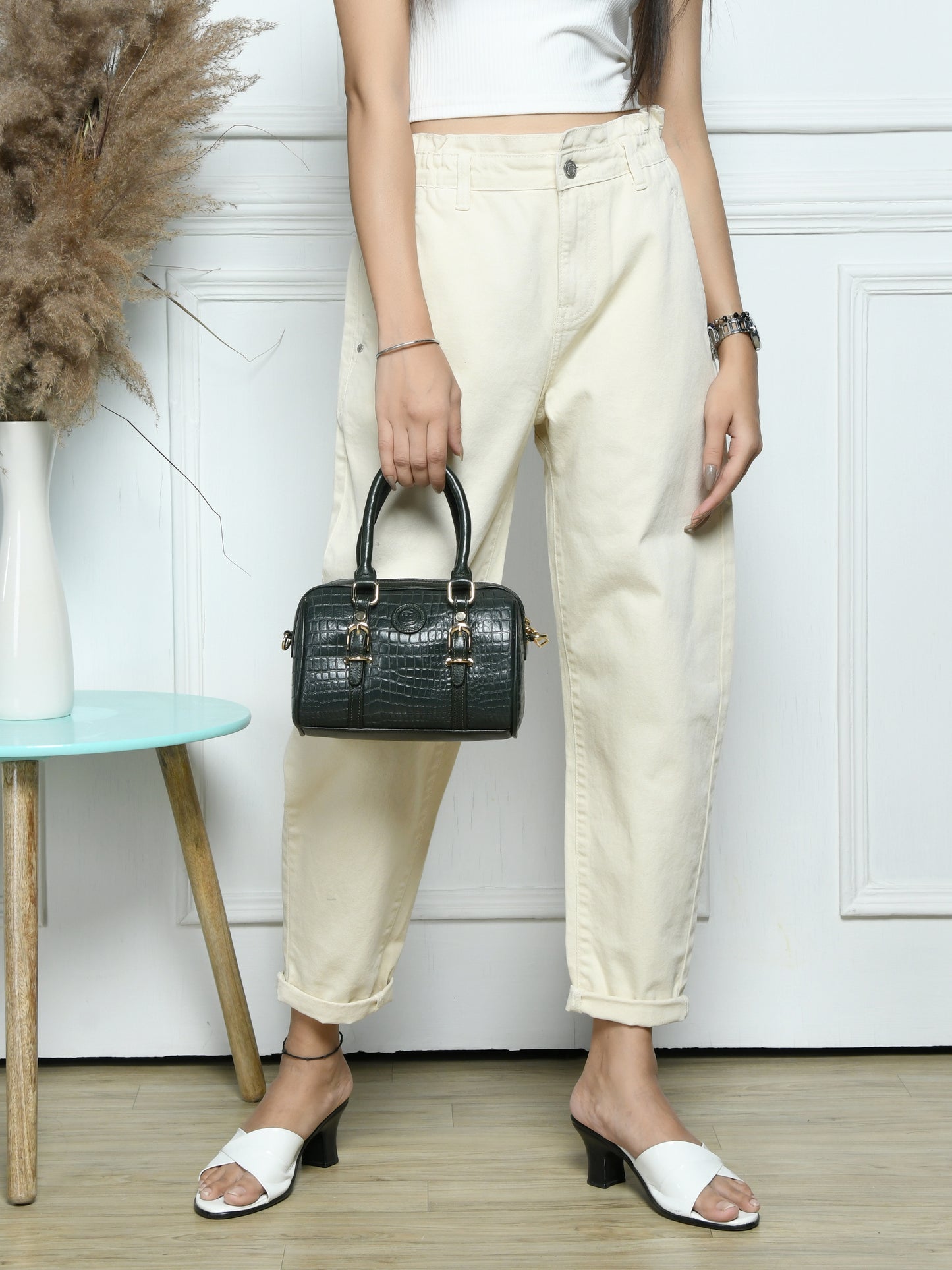 Textured Barrel Satchel - Forest Green