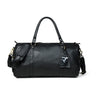 Black Leather Duffle Bag - front view with luggage tag, handcrafted buffalo leather | Hema Emporium